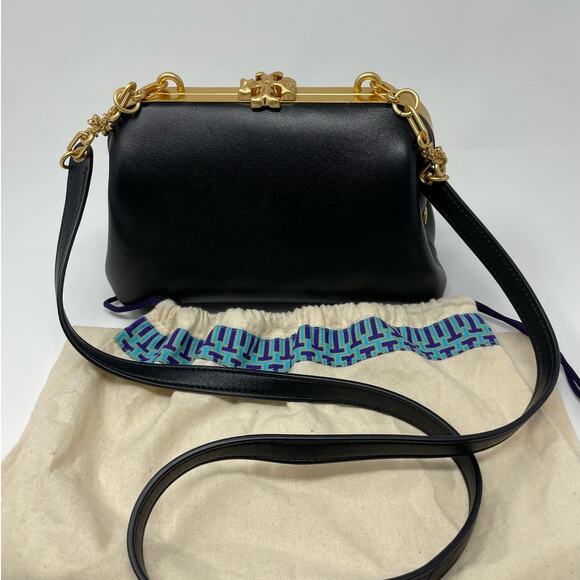 SOLD Tory Burch Cleo Small Leather Shoulder Bag Crossbody Black Gold - Picture 4 of 17